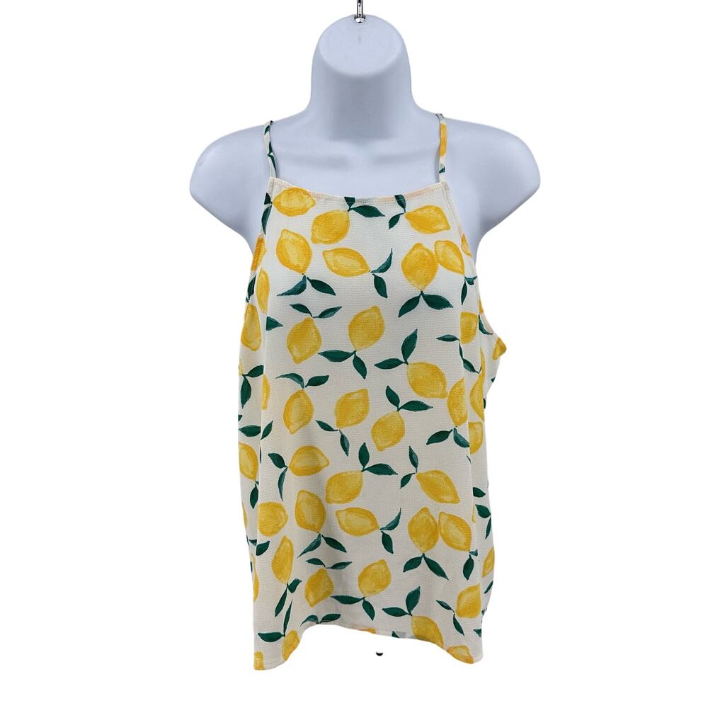 Pink Rose Lemon Print Spaghetti Straps Square Neck Top WMNS L Sleeveless Keyhole